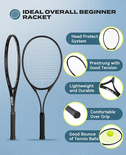 Vista 4 de HIRALIY Juego de raquetas de tenis de 27 pulgadas para adultos, raquetas de tenis preencordadas para 2 jugadores, 2 cintas de sobreagarre, 3 pelotas