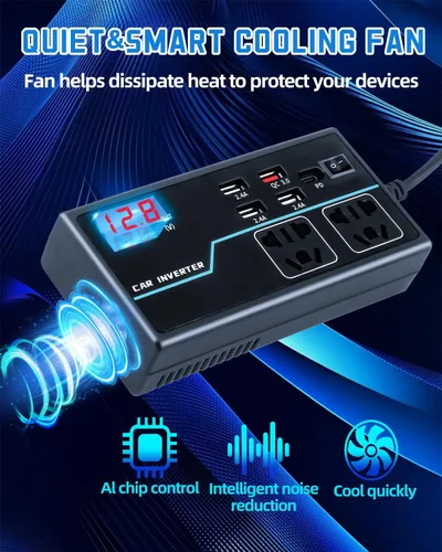 Vista 4 de Inversor de corriente de 200 W, 8 en 1 CC 12 V a 110 V CA, adaptador de enchufe de automóvil, convertidor de salidas con PD3.0 de 30 W y 4 puertos