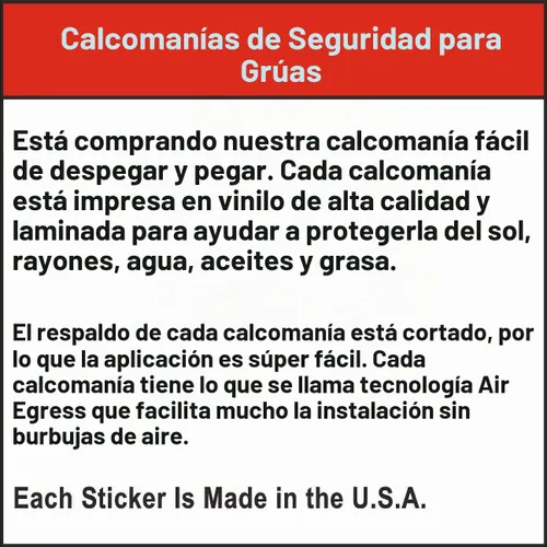 Vista 4 de Kit de pegatinas de seguridad para grúas bilingües en español e inglés