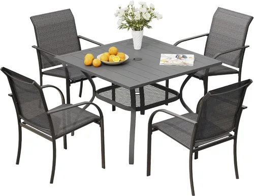 Vista 24 de VICLLAX Juego de 2 sillas de patio pequeñas para exteriores, juego de sillas apilables para patio y mesa de comedor cuadrada para porche delantero