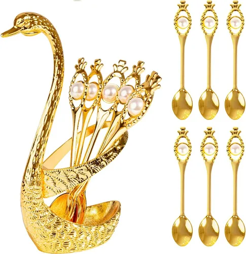 Vista 9 de Juego de cucharas con base de cisne dorado, cubiertos decorativos de cisne con 6 cucharas, cucharas de café, organizador para postres, helado