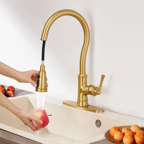 Vista 2 de Grifo de cocina con rociador extraíble, grifo de fregadero de cocina de latón vintage dorado de arco alto con placa de cubierta de 1 o 3 agujeros
