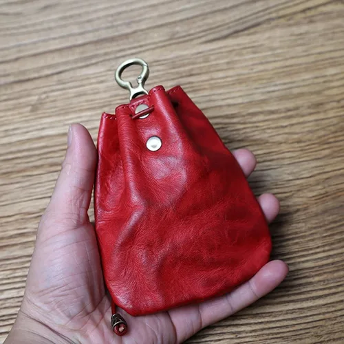 Vista 5 de Monedero medieval de piel auténtica, organizador de monedas, soporte para cambios, bolsa pequeña de cuero con cordón para hombres y mujeres, Rojo