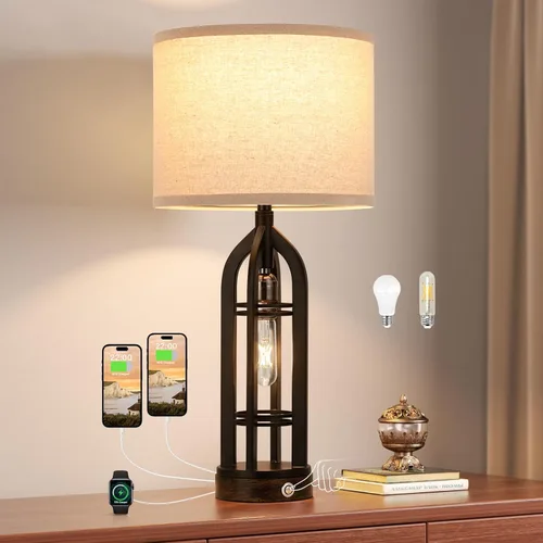 Vista 8 de Seealle Juego de 2 Lámparas de Mesa para Sala de Estar - Lámpara de Noche de Aspecto de Madera para Dormitorio con USB C+A y Enchufe, Lámparas