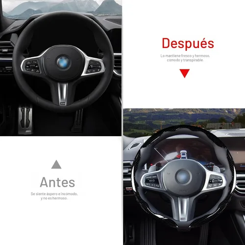 Vista 6 de Juego de fundas para volante de automóvil, funda de fibra de carbono brillante, antideslizante, 3 piezas, accesorios para volante de 14.5-15 negro