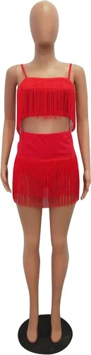 Vista 5 de Traje de mujer sexy de 2 piezas, sin mangas, con borlas de plumas en la blusa, minivestido entallado para el cuerpo, ropa para ir al club.