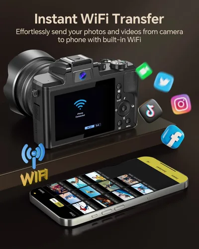Vista 4 de Fulealfly Cámara digital 8K para fotografía, cámara WiFi de enfoque automático de 88 MP para video de YouTube con lente frontal y trasera, flash