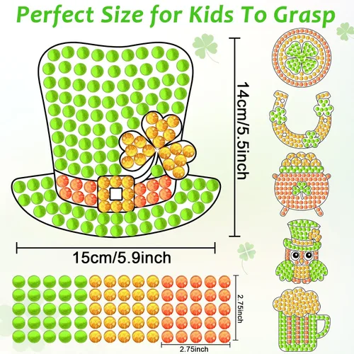 Vista 3 de Qyeahkj 6 piezas de manualidades del día de San Patricio, sombrero de trébol, gema de diamante, atrapasoles para niños, pintura de diamantes de San