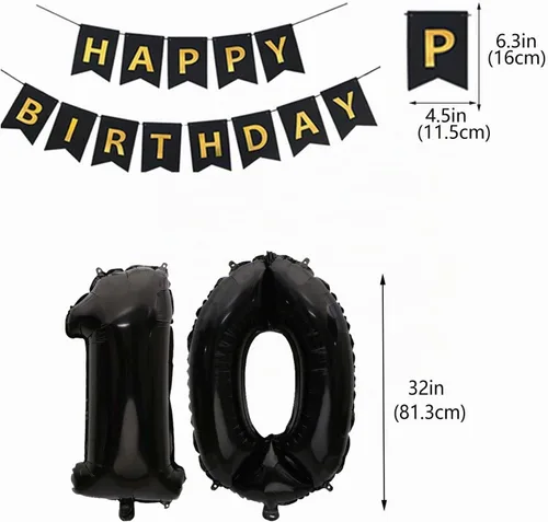 Vista 4 de Decoraciones de cumpleaños número 10 para niños, decoración negra de papel de aluminio de doble dígito, pancarta negra número 10 con globos de Negro