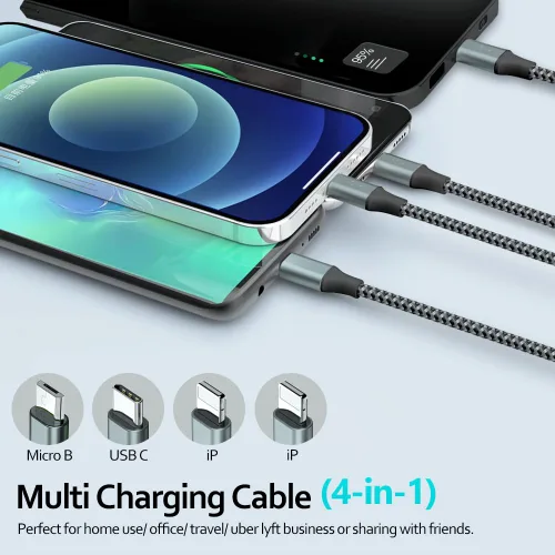 Vista 4 de Puxnoin Cable de carga múltiple de 6 pies, paquete de 2 cables de carga múltiple 4 en 1, cable universal de carga rápida USB múltiple con tipo C