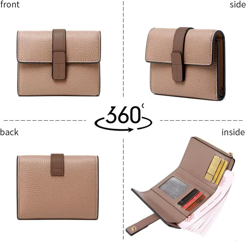 Vista 6 de AOXONEL Billetera pequeña de cuero para mujer, billetera Rfid para mujer, billetera triple plegable, compacta con ranuras para tarjetas y bolsillo