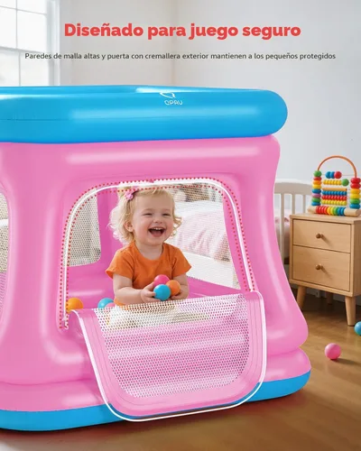 Vista 4 de QPAU - Casa inflable 3 en 1 con bomba para niños pequeños de 1 a 3 años Azul y rosa