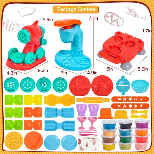 Vista 6 de Juego de Masa Colorida 3 en 1 para Niños de 3 a 8 años, Kit de Accesorios para Masa, Set de Helado, Fideos, Hamburguesa, Creaciones de Cocina