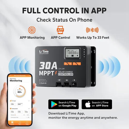 Vista 4 de LiTime 30 Amp MPPT 12V/24V/Auto CC de entrada controlador de carga solar, módulo Bluetooth incorporado, pantalla LCD con parámetros ajustables