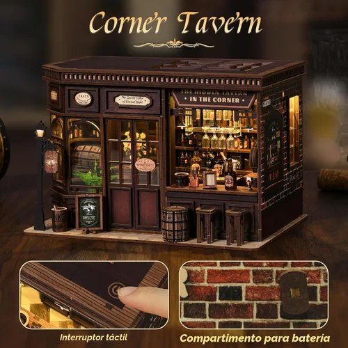 Vista 5 de Kit de rincón de libros, kit de casa de muñecas en miniatura con muebles y luz LED, rompecabezas 3D, sujetalibros de arte de madera, kits
