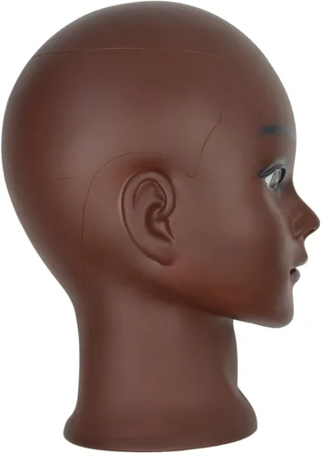 Vista 4 de Cabeza de maniquí calvo profesional de cosmetología para hacer pelucas, exhibir pelucas, anteojos con pasadores en T (marrón y rojo, 18.9 pulgadas)