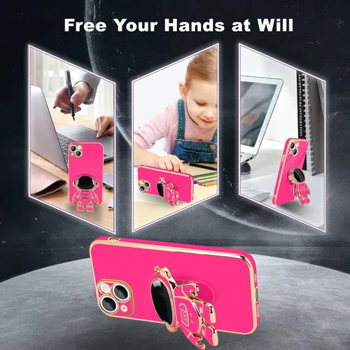 Vista 4 de Pepmune Funda compatible con iPhone 14 Plus, diseño de soporte de astronauta en 3D, protección de cámara, a prueba de golpes, suave funda para Rosa