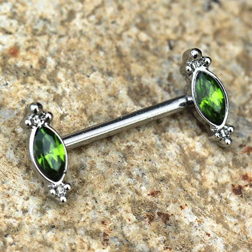 Vista 2 de Pierced Owl 14GA 316L acero inoxidable verde adornado CZ cristal pezón Barbells, se vende por par, Metal, Circonia cúbica