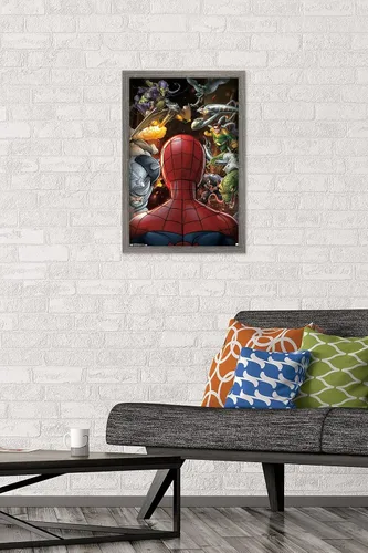 Vista 2 de Trends International Marvel Comics - Póster de pared de Spider-Man - Villains, 14.725 x 22.375 pulgadas, versión enmarcada de madera de granero