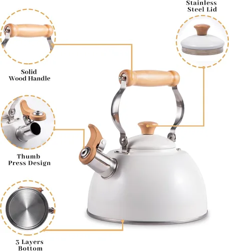 Vista 12 de ROCKURWOK - Tetera de estufa, tetera con mango ergonómico de tacto frío, tetera de acero inoxidable de grado alimenticio, tetera de estufa, tetera