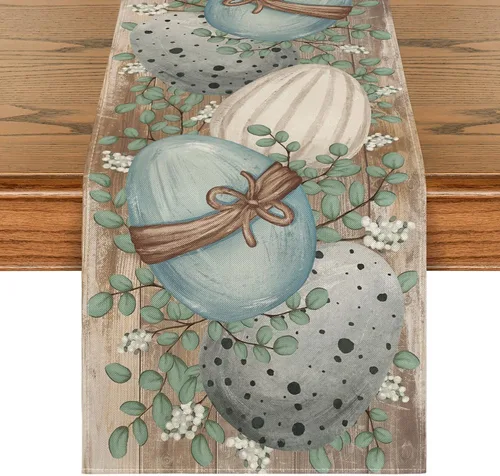 Vista 8 de Artoid Mode Camino de mesa de Pascua de huevo de eucalipto, decoración de mesa de comedor de cocina de primavera para interiores y exteriores Beige