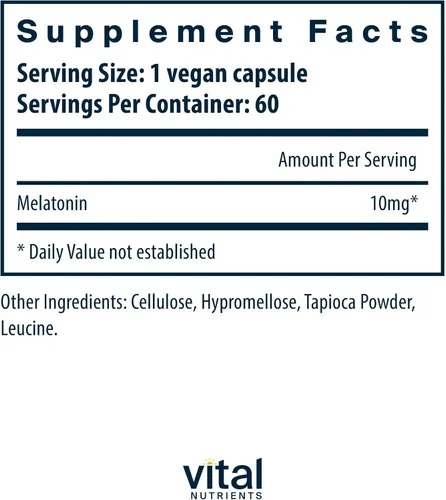 Vista 2 de Vital Nutrients Melatonina 10mg Vegano Suplemento para dormir para apoyar el ciclo natural del sueño del cuerpo* Gluten, lácteos, sin soja