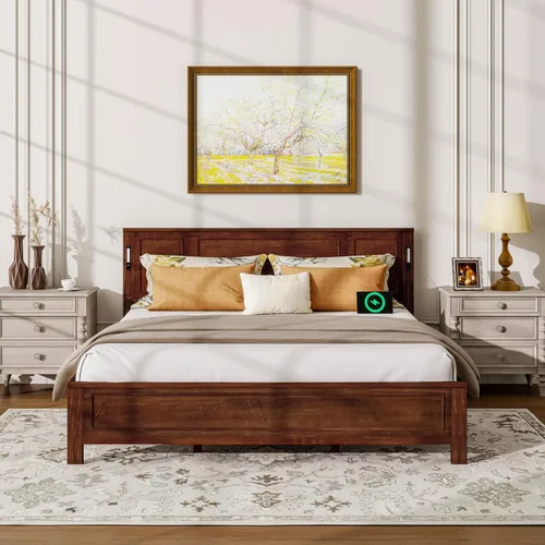 Vista 19 de JIVOIT Base de cama de plataforma de tamaño matrimonial con cabecero, cama de plataforma de madera estilo retro con patas de madera maciza Negro