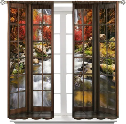 Vista 257 de Cortinas de paisaje, ventana 3D, primavera, bosque, vida silvestre, paisajes de naturaleza, dormitorio, sala de estar, cortinas térmicas opacas de 2