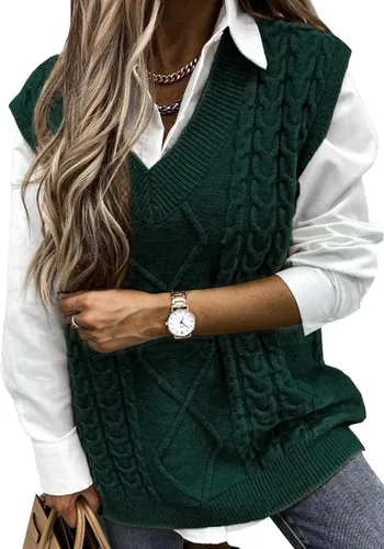 Vista 32 de EVALESS Chaleco Suéter de Gran Tamaño para Mujeres Cuello en V Sin Mangas Color Sólido Suéter Pullover Suelto 1 caqui.