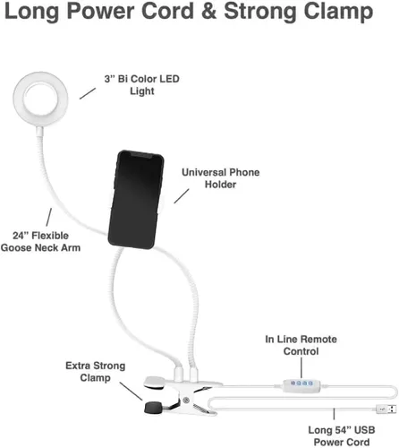 Vista 3 de Kit de vlogging de luz de transmisión en vivo con anillo de luz flexible de 360°, tres modos de luz, soporte para teléfono inteligente y control