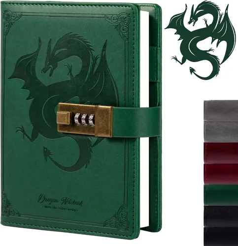 Vista 10 de TIEFOSSI Diario de Cuero Dragón, Cuaderno de Tapa Dura, Diario Recargable con Cerradura, Cuadernos de Escritura con Papel Rayado/En Blanco