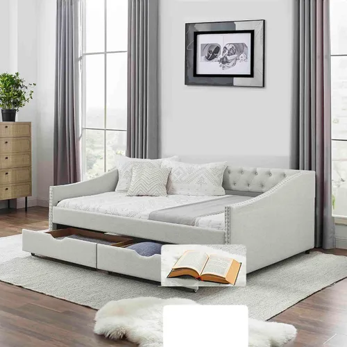 Vista 6 de Sofá cama individual con 2 cajones, moderno sofá cama tapizado con botón en la espalda y clavos de cobre en los brazos, sofá cama, marco de cámara