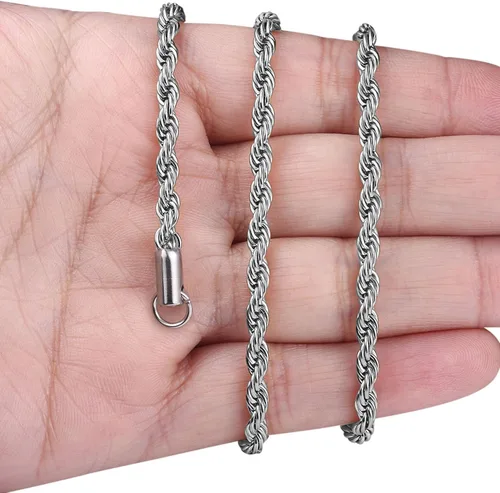 Vista 6 de FIBO STEEL Collar de cadena de cuerda de acero inoxidable de 0.157in para hombres de 16 a 30 pulgadas, color plateado dorado y negro, Metal