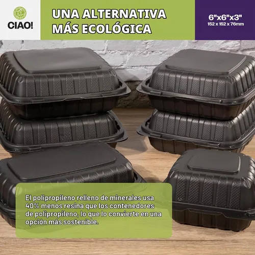 Vista 7 de CIAO! Contenedor negro con bisagras MFPP de 6"x6"x3" con tapa, 1 compartimento (caja de 300)