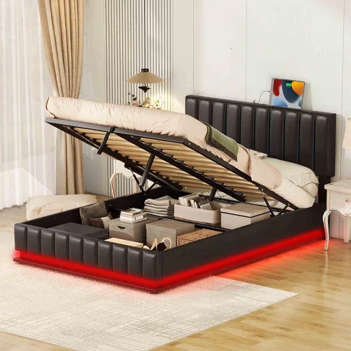 Vista 5 de Marco de cama de almacenamiento elevado con luz LED, enchufes, puertos USB, moderna plataforma tapizada completa con sistema de almacenamiento
