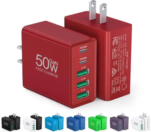 Vista 9 de [Paquete de 2] Cargador de pared USB C, bloque de cargador USB C de 50 W, bloques de carga rápida PD de 5 puertos, 2USB C + 3USB A enchufe