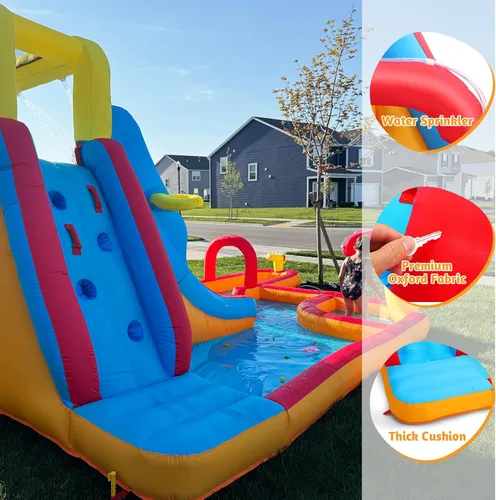 Vista 5 de Mega parque inflable de toboganes de agua, gran casa de rebote para niños de 5 a 12 años, tobogán acuático con pared de escalada, dos toboganes
