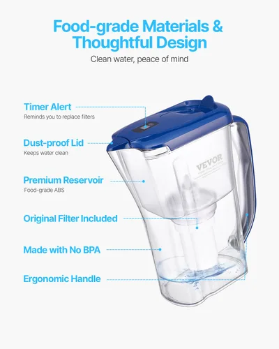 Vista 6 de Jarra con Filtro de Agua VEVOR, Dispensador de Filtro de Agua de 5 Etapas de 9 Tazas, Sistema de Filtración Rápida con Indicador de Cambio