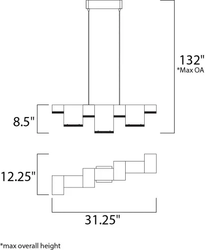Vista 8 de ET2 E24466-160PC Pizzazz LED Geométrico Rectangular Cubo Cristalino Acrílico Lineal Lámpara de techo colgante, 7 luces 50.4 vatios totales, 9
