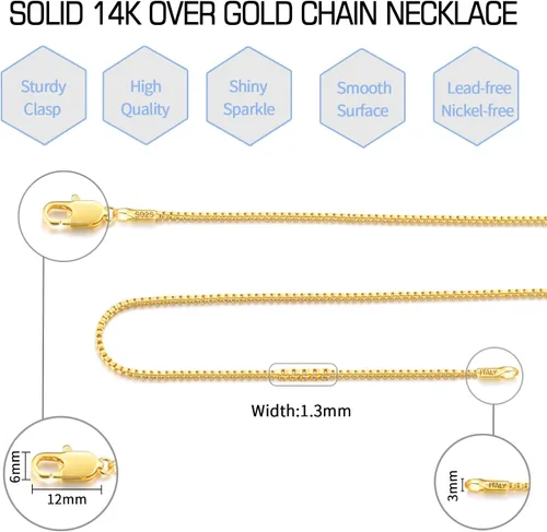 Vista 4 de Jewlpire Collar de cadena italiana de 0.051 in de oro macizo de 14 quilates sobre plata de ley 925 para mujeres y niñas, cadena de caja italiana