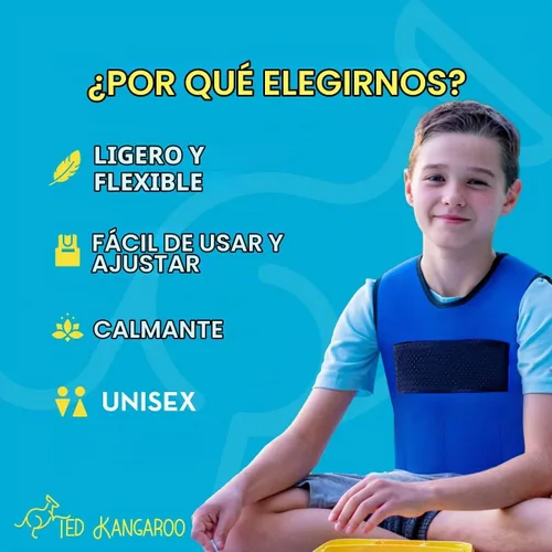Vista 5 de Ted Kangaroo Chaleco con peso para niños, chaleco de compresión sensorial para comodidad de presión profunda (azul)