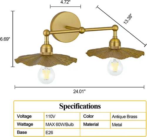 Vista 3 de PASSICA DECOR Lámpara de pared con cable de 2 cabezales, lámpara de pared para interiores, latón antiguo, 2 luces con pantalla de flores, accesorio