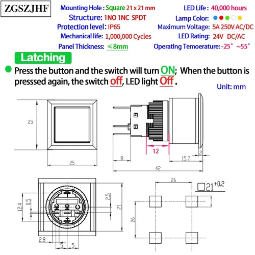 Vista 2 de Interruptor de botón cuadrado 21 * 21 mm 0,83" agujero de montaje cuadrado UL Certificado con luz azul 24 V 1NO 1NC SPDT ENCENDIDO/APAGADO