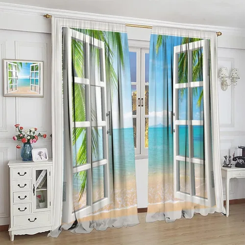 Vista 4 de Cortinas opacas para dormitorio con temática de vacaciones en la playa, palmeras, estilo verano, con bolsillo para barra, para sala de estar