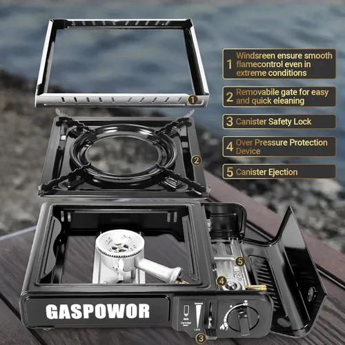 Vista 6 de Estufa de camping portátil de combustible dual Propane or Butane, 10,000 BTU, Automatic Ignition, Carrying Case & Windblocker, Emergency