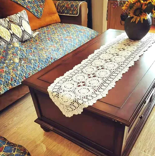 Vista 10 de Pasillos de mesa de algodón de ganchillo hechos a mano, color beige, bufandas ovaladas, 16 x 27 pulgadas.