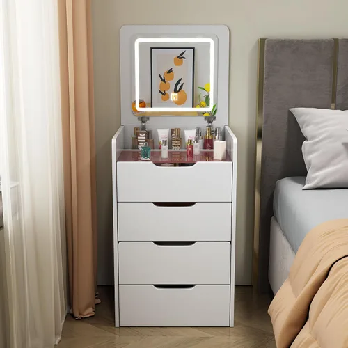 Vista 16 de Montary Mesa de tocador de maquillaje de 39 pulgadas con espejo iluminado con pantalla táctil, tocador de madera de goma con cajón grande