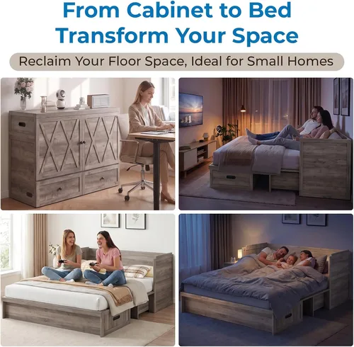 Vista 8 de Mjkone Murphy Bed Queen Size, Cabinet Bed with Built-in USB Charging Station & Storage Drawers, Hidden Queen Murphy Wall Beds Cabinet Beds No