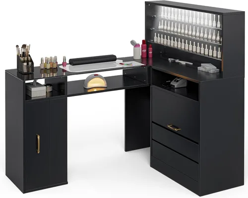 Vista 3 de Mesa de manicura en forma de L con estantes, estación de mesa de uñas con parte superior de cristal, resistente a acetona, con cajones de Negro
