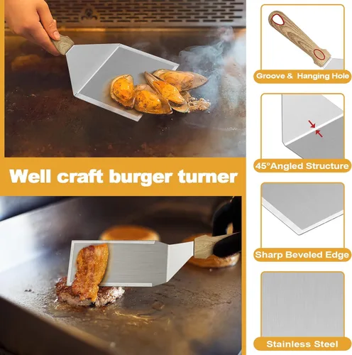 Vista 4 de HaSteeL - Juego de 5 espátulas de metal, kit de accesorios de plancha resistente, de acero inoxidable duradero, para hamburguesas, espátulas